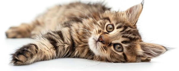 Adorable fluffy brown kitten with mesmerizing eyes lies down on a white background, gazing intently into the camera, showcasing pure feline charm.
