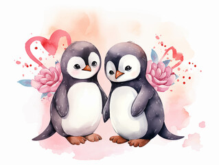 Set of animals illustrations in Water color, cute penguins, hearts and flowers, love card for valentine