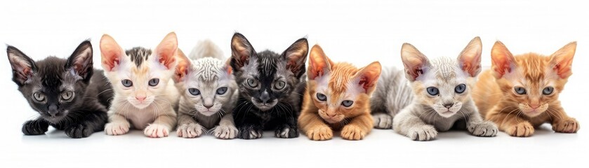 Adorable group of diverse kittens lined up against a white background, showcasing different breeds and colors, perfect for pet enthusiasts.