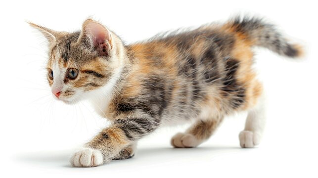 Adorable calico kitten walking with curiosity, featuring a white background. Perfect for pet-related projects and animal lovers.