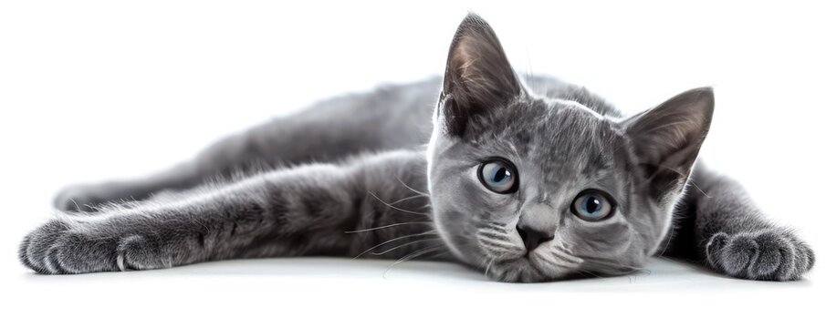 Adorable gray kitten lying down with outstretched paws on a white background, looking directly at the camera, cute and playful.