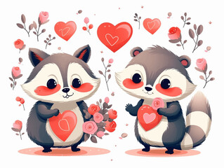 Set of watercolor cute pet animals couple for sticker valentin's day vector illustration