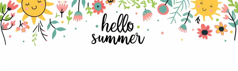 "hello summer", cute sun and flowers doodle, simple line art, flat illustration with black outline, white background Generative AI