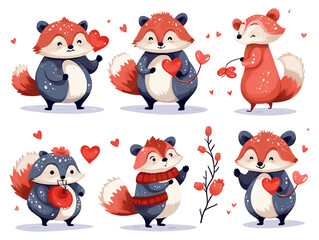 Set of animals illustrations in Water color, raccoons, hearts and flowers, love card for valentine