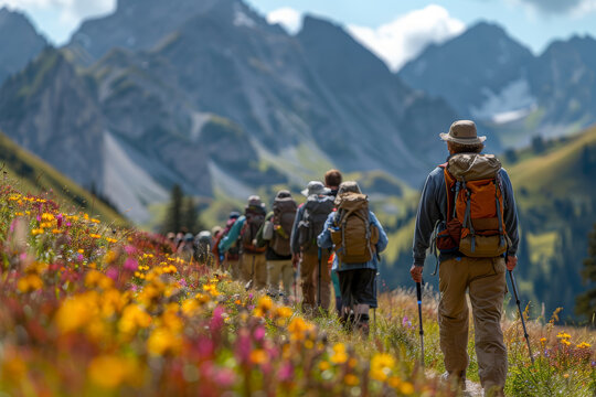 A group of retirees enjoying a scenic hike, reflecting active senior living. Concept of outdoor recreation and healthy aging. Generative Ai.