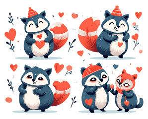 Set of animals illustrations in Water color, cute racoons, hearts and flowers, love card for valentine