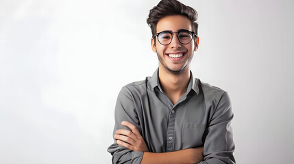 Fototapeta premium Portrait of young handsome smiling business guy wearing gray shirt and glasses, feeling confident with crossed arms, isolated on white background