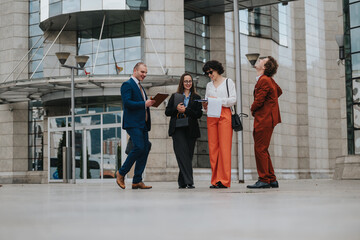 Obraz premium Group of business professionals collaborating outdoors in front of a modern office building. They are having a discussion and reviewing documents.