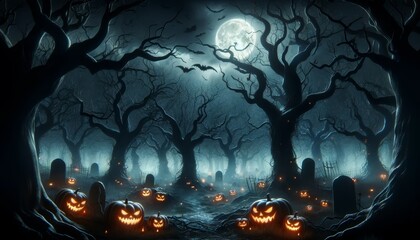 Haunted Forest with Ghostly Pumpkins and Bats