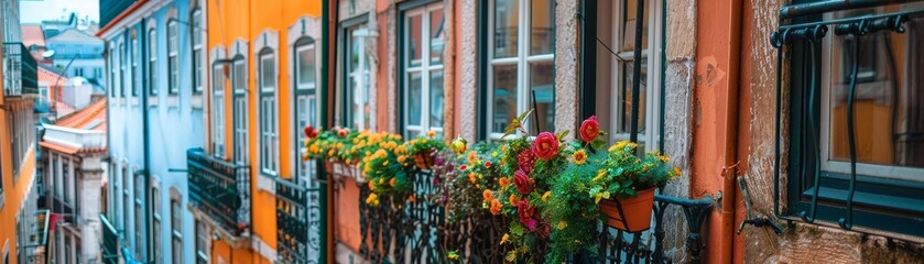 Fototapeta premium Lisbon street with windows and houses and flowers