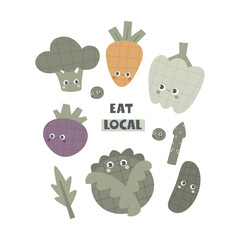 Eat local. cartoon vegetables, hand drawing lettering. Colorful flat vector illustration. design for prints, posters, cards