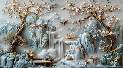 Volumetric stucco molding on a concrete wall with golden elements, Japanese landscape, waterfall, mountains, sakura.