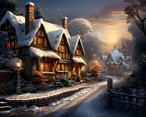 Beautiful wooden houses in the village at night in winter, Poland