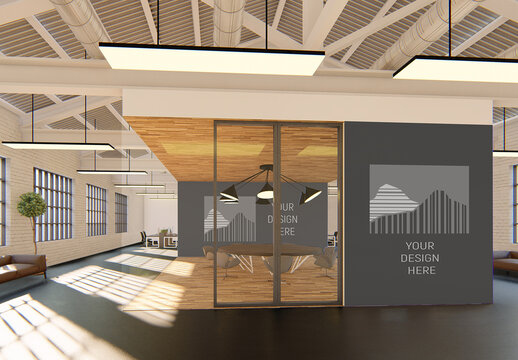 Modern Cube Industrial Glass Meeting Office With Wall Mockup