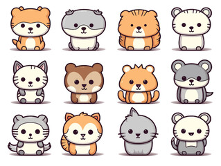 Childish funny animals wild forest kawaii doodle hand drawn characters isolated set on white background