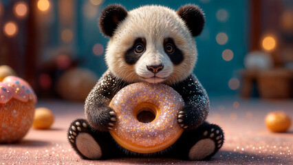 Cute panda holding a donut