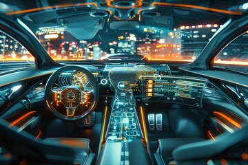 Fototapeta premium Interior view of a futuristic car with a high-tech display