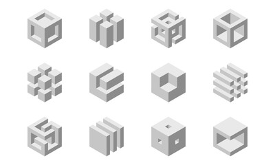 Cube logo, geometric vector design. Box logotype company, trendy tech emblem in pixel style.