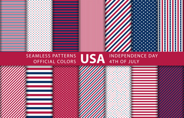 Obraz premium 4th July Independence Day, USA flag geometric seamless pattern. White stars on a blue background, patriotic red with stripes American symbols.