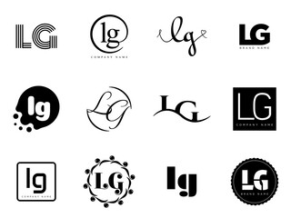 LG logo company template. Letter l and g logotype. Set different classic serif lettering and modern bold text with design elements. Initial font typography.