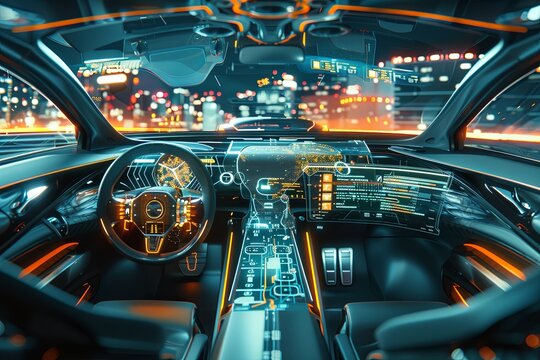 Interior view of a futuristic car with a high-tech display