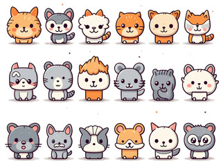 Childish funny animals wild forest kawaii doodle hand drawn characters isolated set on white background