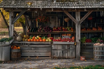 A rustic farm stand filled with colorful produce