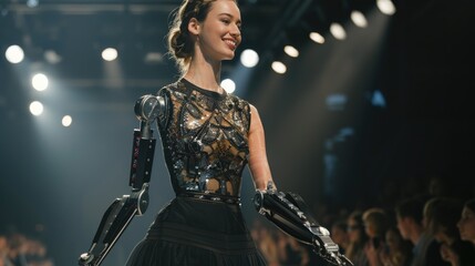 A striking portrait of a stylish woman with a robotic hand, emphasizing futuristic fashion and technology 