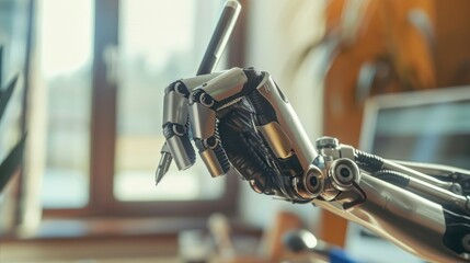 Close-up of a sleek, metallic robotic hand holding a pen in a modern office setting, showcasing advanced prosthetic technology and innovation