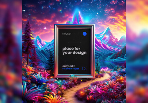 Poster Frame Mockup with bioluminescence Psicodelic envoronment 05 Generative Ai