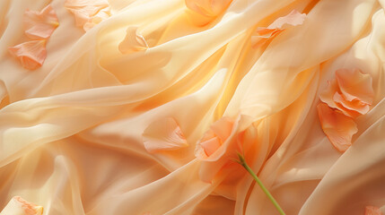 Obraz premium Peach fabric with delicate folds adorned with flowers and petals. Silk satin backdrop. Copy space