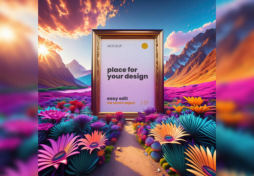 Poster Frame Mockup with bioluminescence Psicodelic envoronment 09 Generative Ai