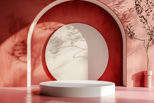 Vibrant archway podium with dynamic lighting and natural shadows, ideal for bold product displays and artistic branding concepts