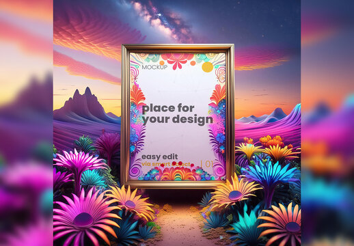 Poster Frame Mockup with bioluminescence Psicodelic envoronment 11 Generative Ai