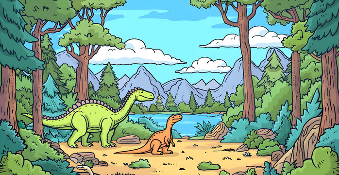 A cartoon drawing of a dinosaur and a baby dinosaur walking through a forest