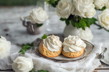 Cakes with snow-white icing, white rose flowers.