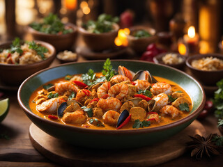 Thai spicy coconut shrimp soup TTom Yam Kung with mussels