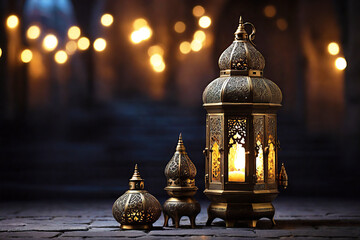 Glowing traditional Arabic lamp in the large hall of the mosque.