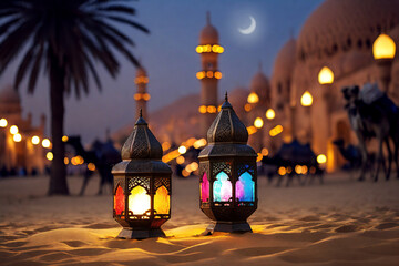 Arabian lamp stands on the sand. Oasis, mosques.