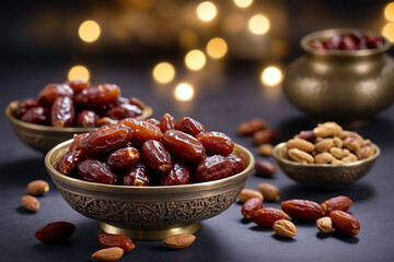 Dried dates in brass bowl. Ramadan, islamic religion concept.