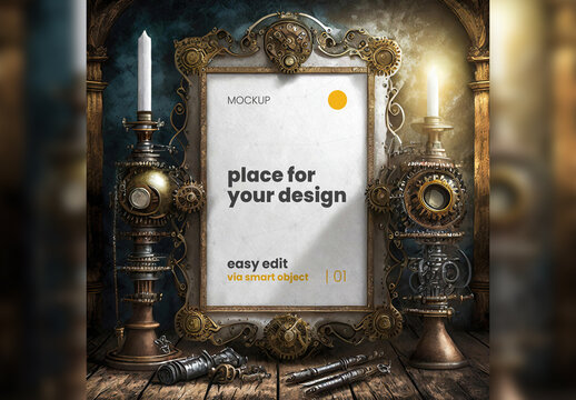 Poster Frame Mockup Steam Punk Style 10 Generative Ai