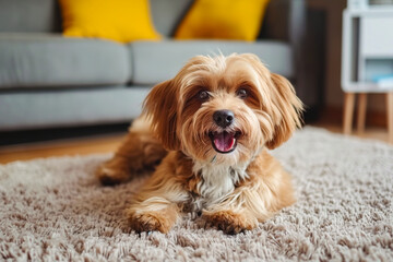 Happy brown dog sitting on carpet in cozy living room with gray sofa and yellow cushions in the background. Perfect for concepts related to pets, home decor, and indoor relaxation