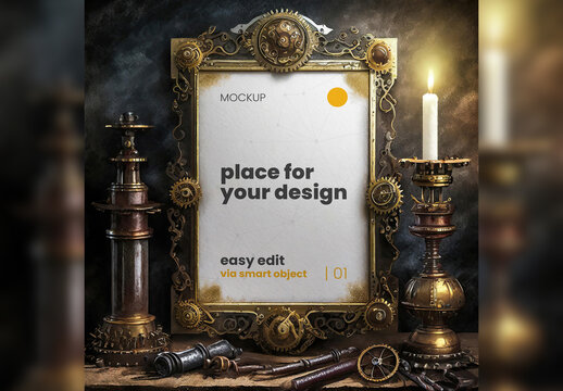 Poster Frame Mockup Steam Punk Style 15 Generative Ai