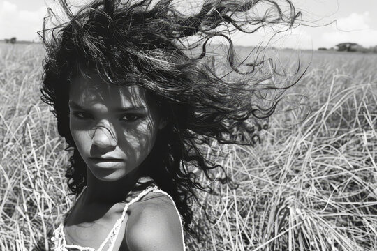 Graceful portrait of a girl with long hair in the wind, in a golden field, black and white photo