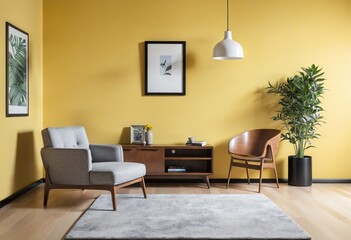 modern living room with yellow wall