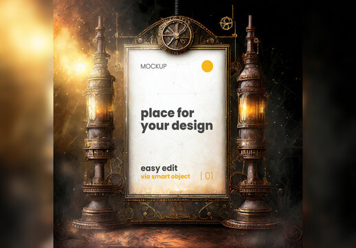 Poster Frame Mockup Steam Punk Style 03 Generative Ai