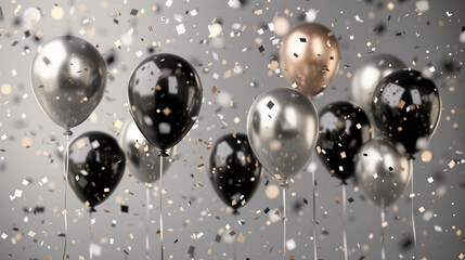 Festive balloons in gold, black and silver surrounded by sparkling confetti on a gray background.