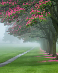 Tranquil park alley with blooming pink trees and fallen petals in the spring morning light
