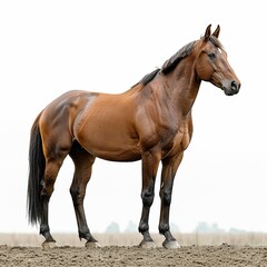 full shot of a brown horse, side view, isolate white background