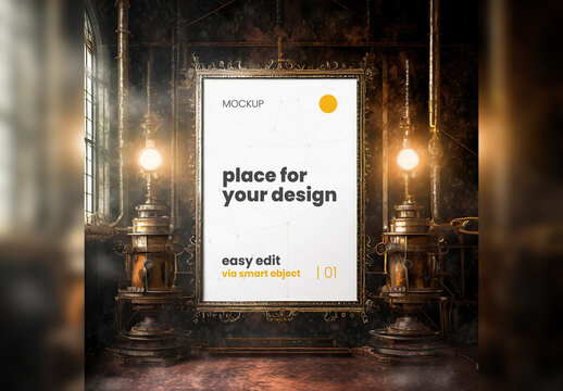 Poster Frame Mockup Steam Punk Style 05 Generative Ai